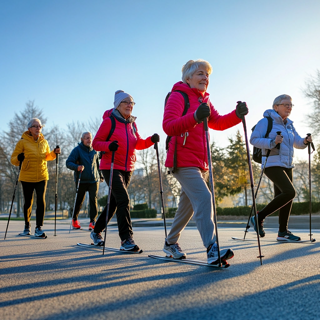 Пенсіонери займаються скандинавською ходьбою в парку