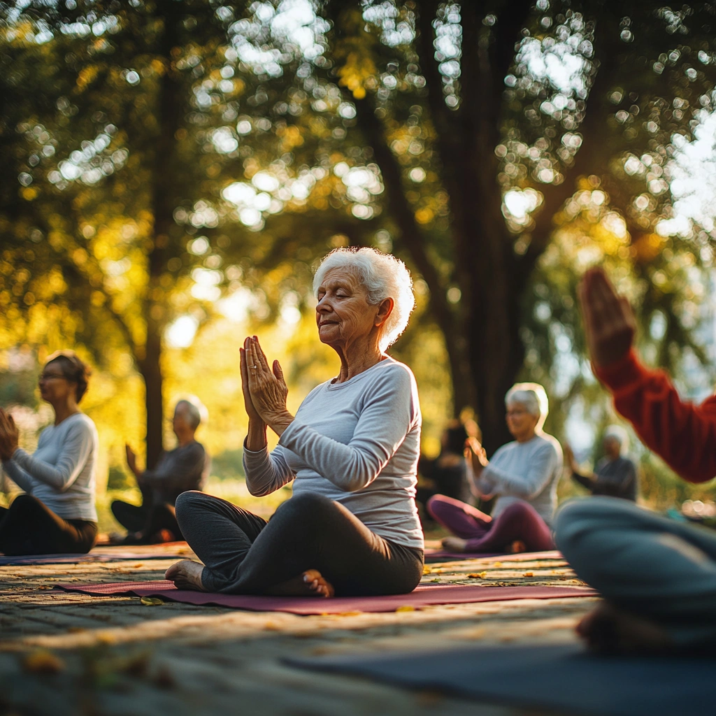 Група пенсіонерів займається йогою в парку